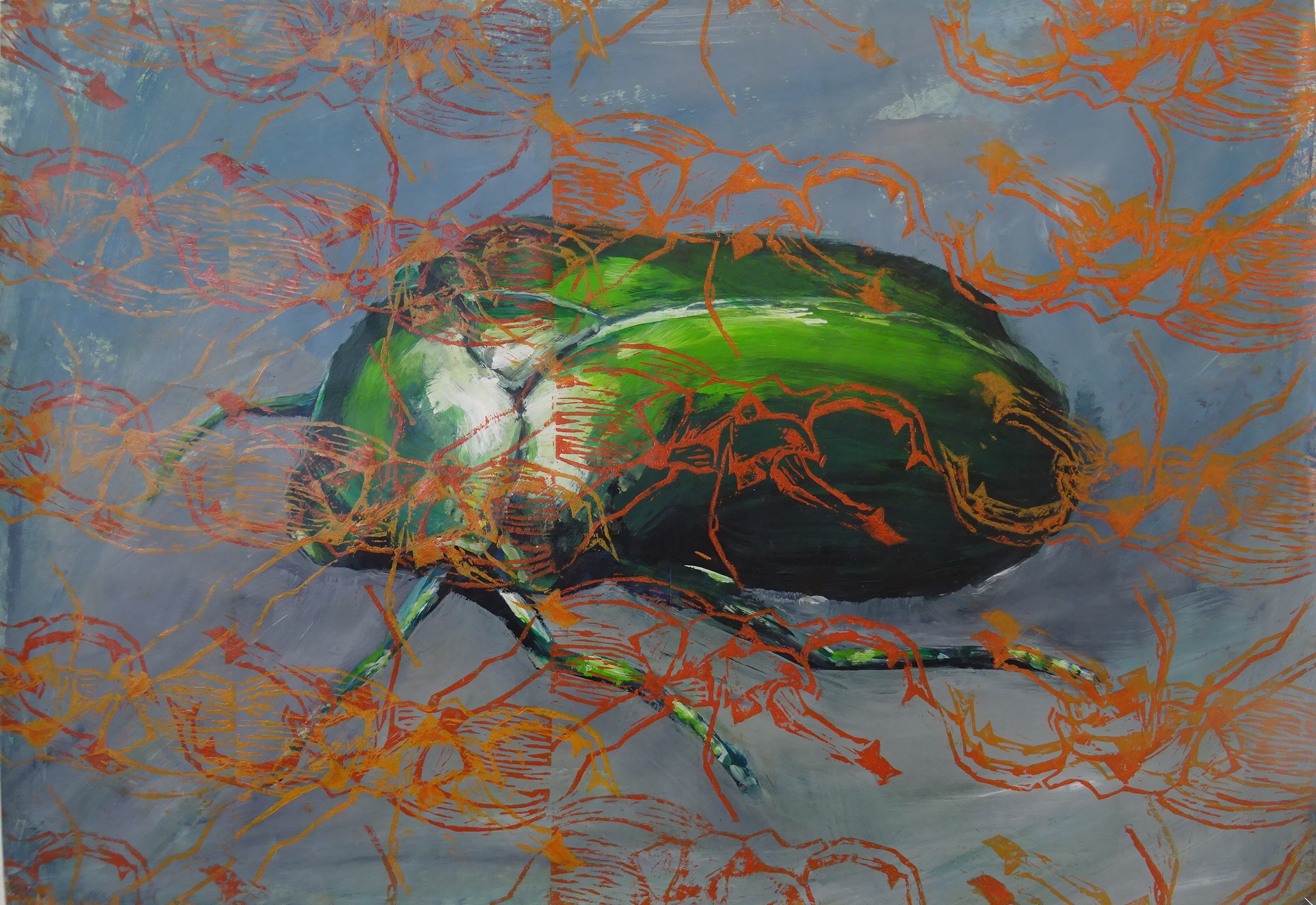 Bild von Franziska Morgner-Fanderl - Gruener Käfer, Acryl und Druck, 100 x 70